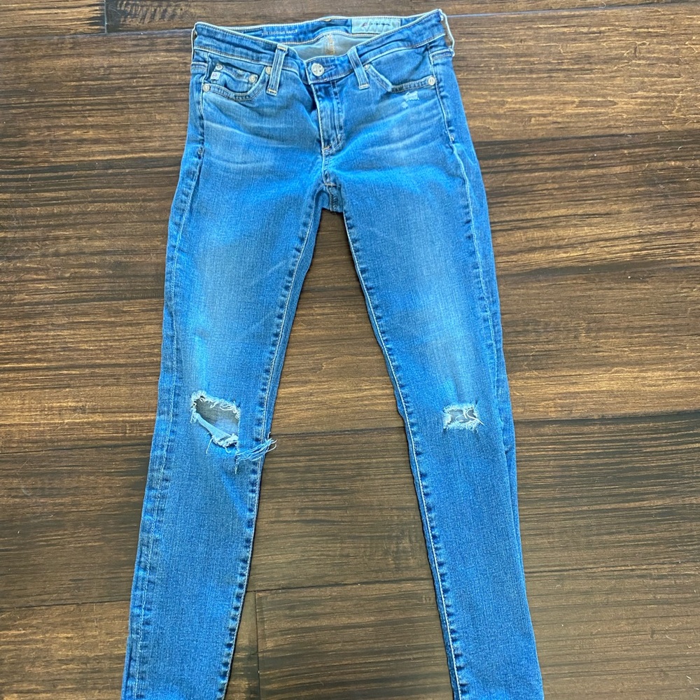 AG skinny light wash distressed jeans, size 25R